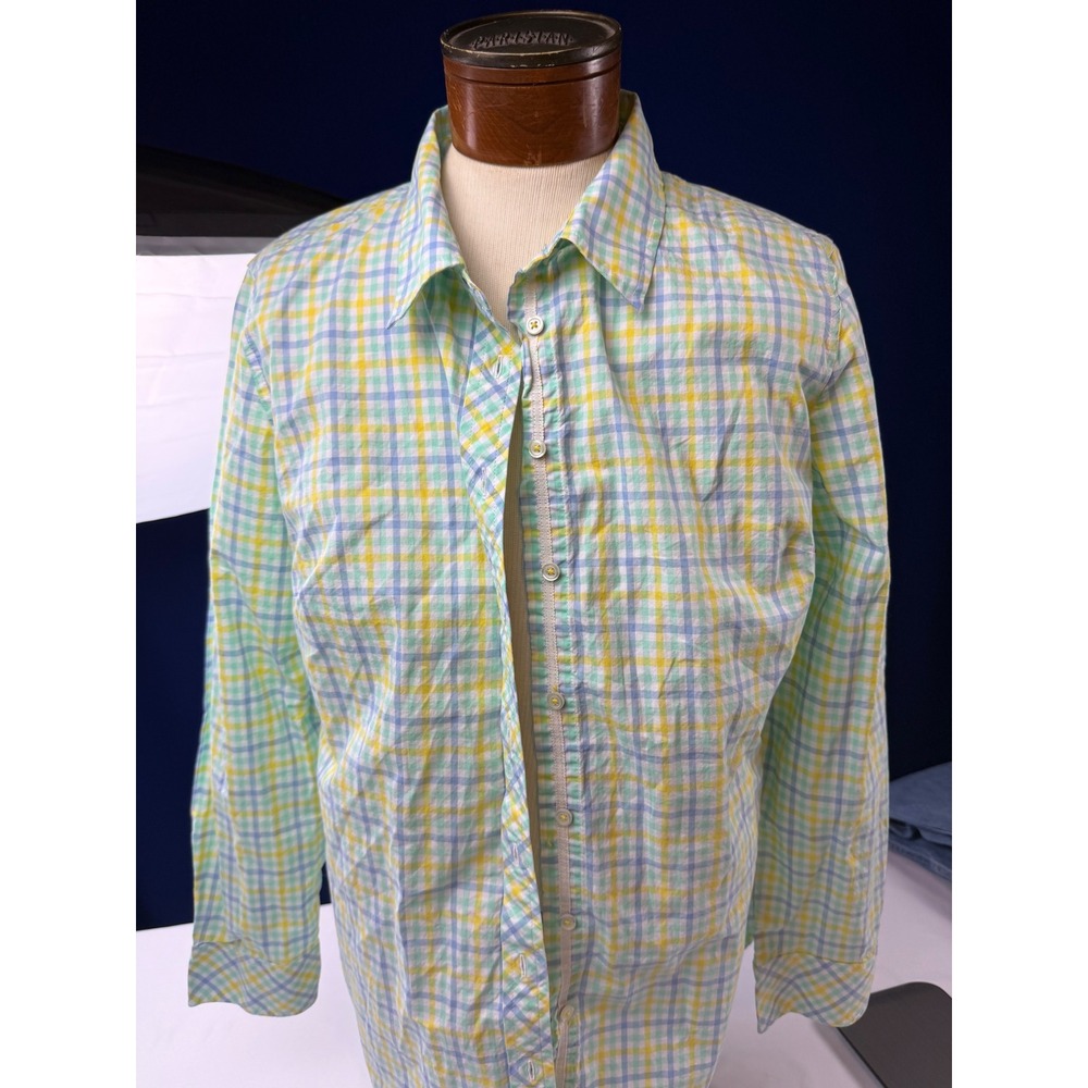 Talbots Womens Large Yellow Green Blue Plaid Cotton Blend Button Down Shirt